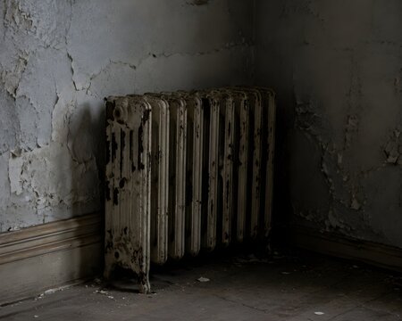 Disconnected Cast Iron Radiator Pushed Into Dark Corner Shows Vintage Paint Chipping In Large Flakes