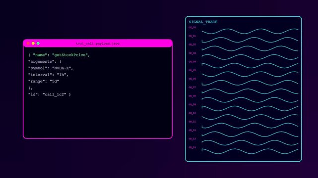 A sequence showing function calling in a software coding interface with scrolling digital waves displayed in bright pink frames against a dark purple atmospheric background