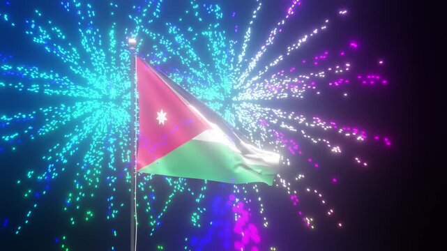 The flag of Jordan waving on a flagpole against a dark background with subtle lighting
