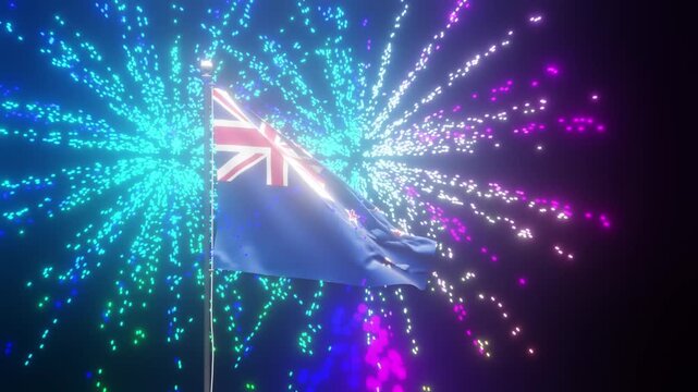 New Zealand Flag Waving on a Pole Against a Dark Background with Subtle Lighting