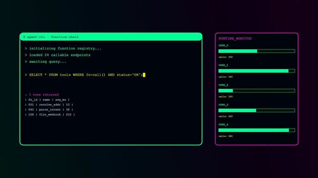 a terminal interface showing function calling as lines of code scroll on dark monitors while status bars display active progress within the digital system