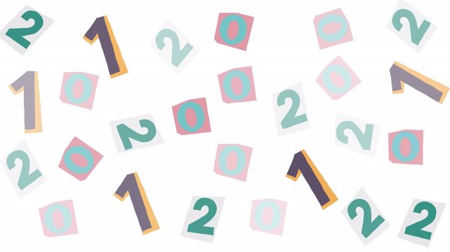 Scattered cut paper numbers zero one two colorful random pattern collage art design suitable for graphic design projects.