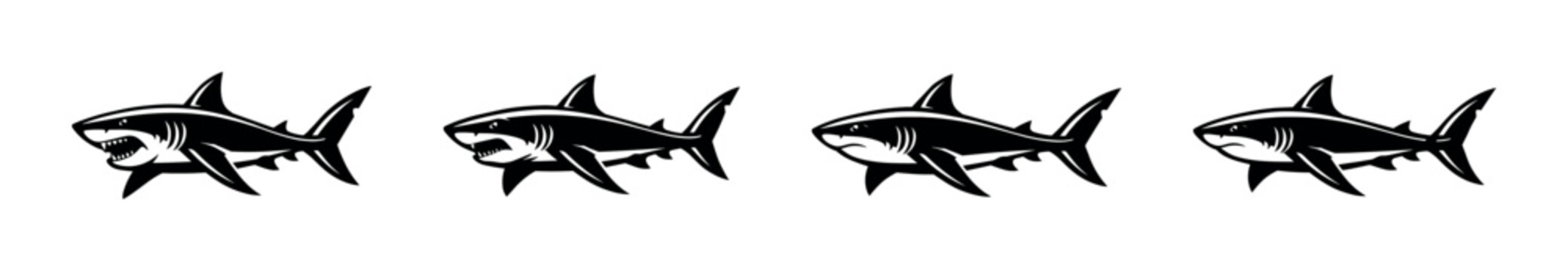 Four stylized sharks in a row, showcasing different expressions and poses