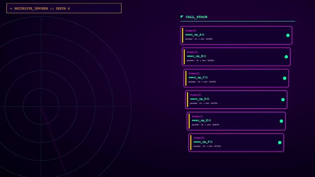 A sequence showing function calling in progress with expanding software call stack frames moving through computer memory layers while dark digital interface elements shift constantly
