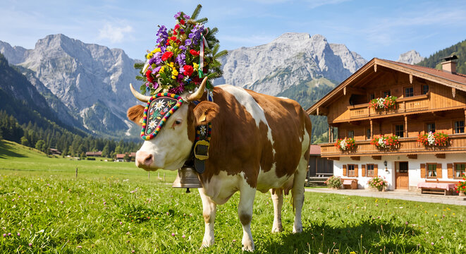 A decorated cow with a vibrant Almabtrieb floral crown standing in a meadow near a traditional wooden alpine house.