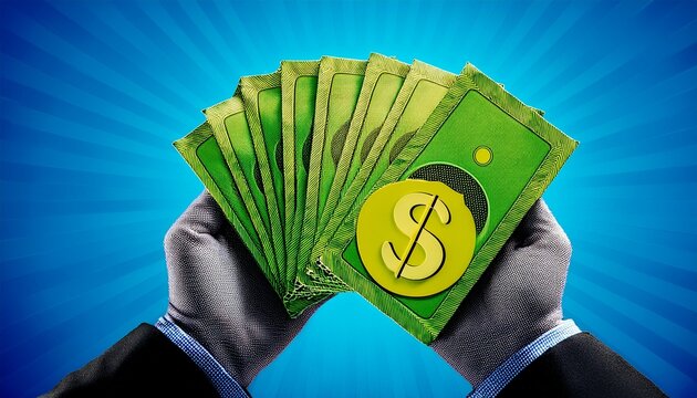 centered halftone graphic with two black white dotted hands with yellow cuffs fanning five green banknotes marked with dark green dollar symbols upward over solid bright blue