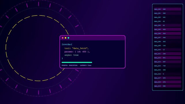 A digital screen interface demonstrating function calling within a purple environment featuring scrolling code logs and circular progress metrics for complex system data analysis tasks