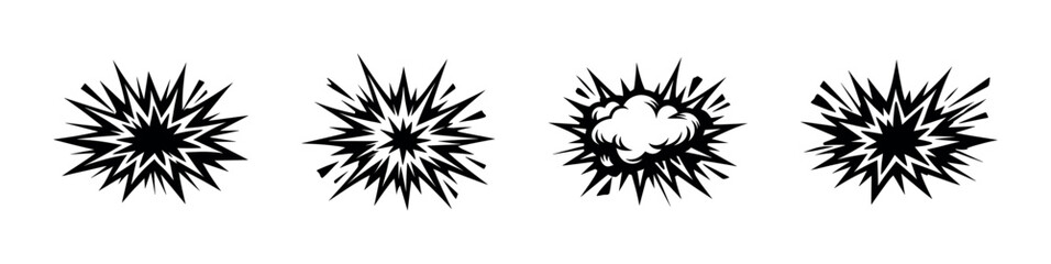Collection of four black explosion bursts and comic book style sound effects © Compositor 