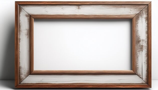distressed horizontal wooden picture frame missing artwork pure white backdrop rectangle design
