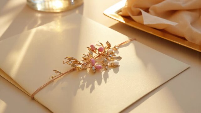 A gold brooch with pink stones adorns a card tied with twine.