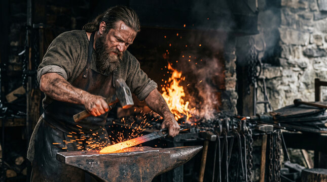 Viking blacksmith hammering hot glowing metal sword on anvil in smithy. Norseman forging weapon with sparks. Craftsmanship and historic metallurgy in ancient Scandinavian culture.
