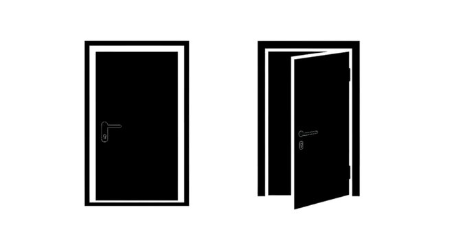 Vector illustration of set of two black door icons, closed and open doors, vector illustration on a transparent background