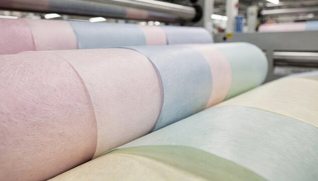 Closeup medium shot of pastelcolored highopacity tissue paper smoothly unrolling from jumbo rolls in a bright factory setting highlighting delicate lightweight material texture.
