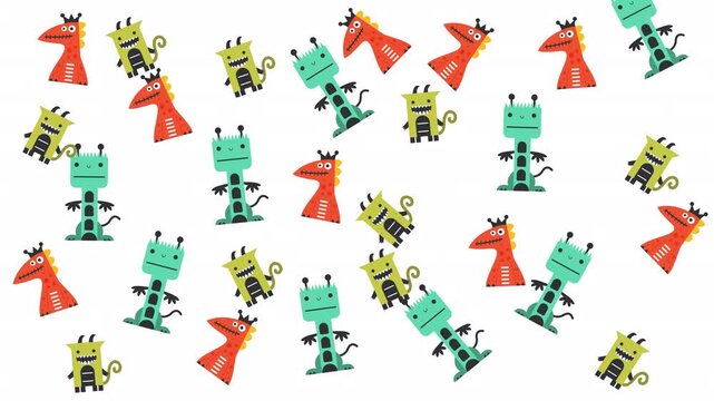 Redorange creature with yellow monster and green robot pattern on a white background. Ideal for childrens textiles and products.