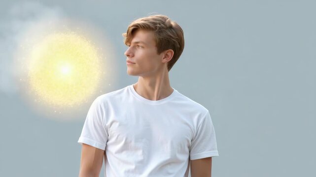 Smiling young man standing in front of bright sun with rays of light emanating from it.
