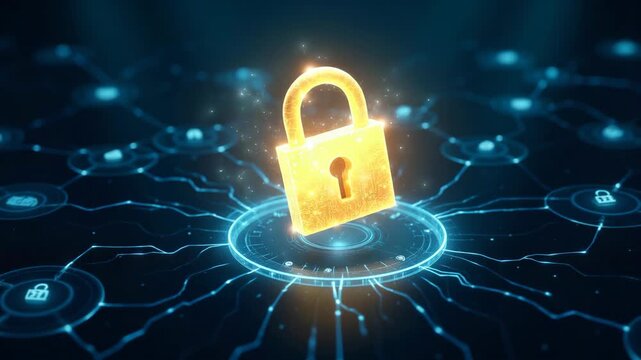 of a glowing golden lock symbolizing digital security in the center of a network map with blue circuit lines and nodes.