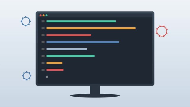 Animated software code development on computer screen with gear animation 4k programming coding