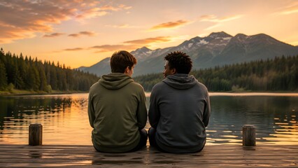 Fototapeta premium Two People Sitting on a Dock Overlooking a Lake and Mountains at Sunset