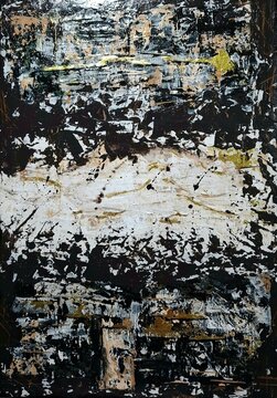 Pintura abstrata texturizada em acr&iacute;lico com tons preto, branco, dourado e chocolate, arte moderna contempor&acirc;nea com camadas e respingos para fundo art&iacute;stico e design de luxo.