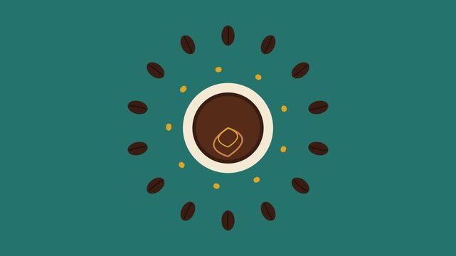 Coffee cup with rotating coffee beans pattern animation on teal 4k background