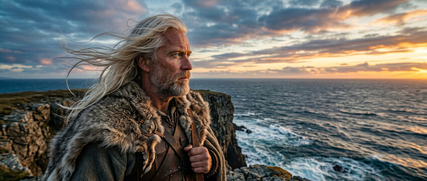 Viking man with long blond hair standing on cliff edge above stormy ocean at sunset. Norse warrior wearing fur mantle looking at sea. Historical character in traditional Nordic clothing.