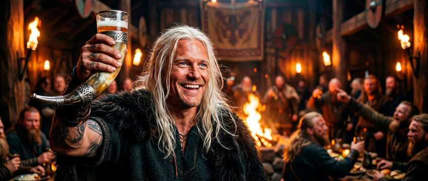 Viking man cheering with drinking horn inside longhouse. Norse warrior celebrating with mead in tavern. Historical medieval feast atmosphere with fire, social gathering and triumph.