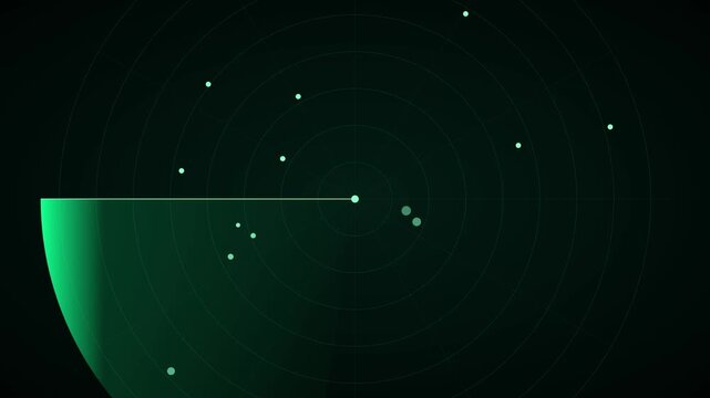 Digital radar screen scanning interface with glowing target points and rotating sweep line animation 4k