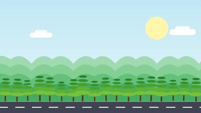 Flat road trip 4k background, animation with moving, forest landscape and, sunny sky travel, trees