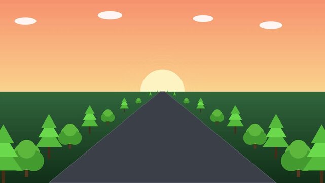 Flat road journey animation: endless highway through pine forest at sunset 4k flat animation