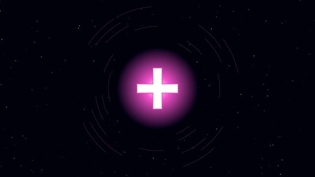 Glowing plus sign symbol animation with pulsing neon light rings on dark space 4k background