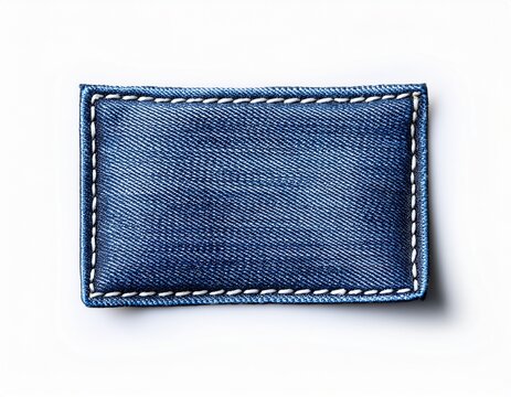 blue denim patch with white stitching on white background