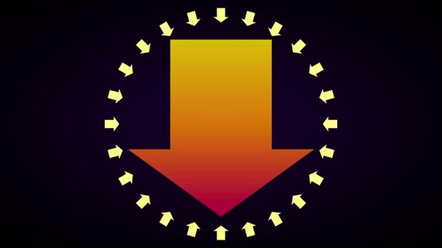 Gradient arrow pointing down surrounded by rotating circular arrows animation 4k direction pointer motion