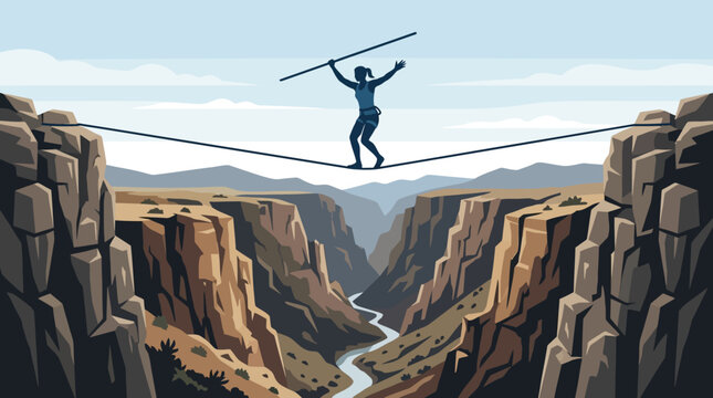 A tightrope walker balancing on a rope with a pole across a deep canyon.
