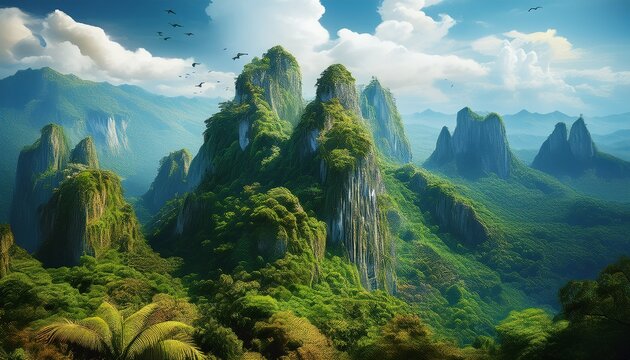 lush green karst mountain peak jungle vegetation