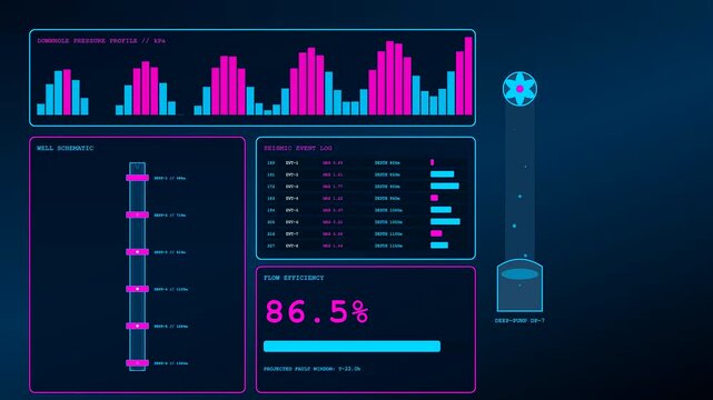 Predictive maintenance screen displays changing seismic data metrics within a digital interface monitor showing flow efficiency levels across multiple visual panels for industrial monitoring purposes