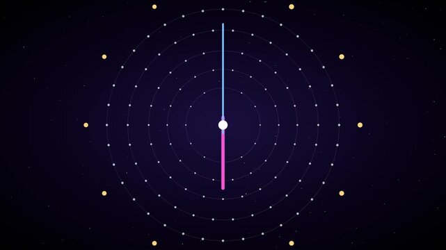 Minimalist abstract clock animation with rotating hands and circular grid for time management and countdown concepts 4k