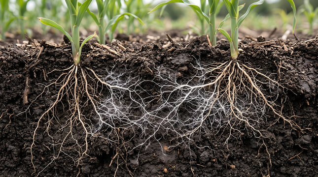 Underground fungal network enhancing crop roots, soil biology and regenerative agriculture for ESG, sustainability and agritech projects.