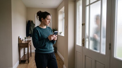 Fototapeta premium Mother avoiding visitors, Closed doorway and blurred friend, Blank baby monitor in hand, Postpartum social withdrawal, Soft hallway lifestyle
