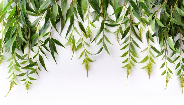 weeping willow branch with green leaves white background