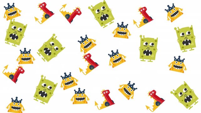 Playful pattern featuring green, yellow, and red monsters on a white background. Ideal for childrens products or halloween designs.