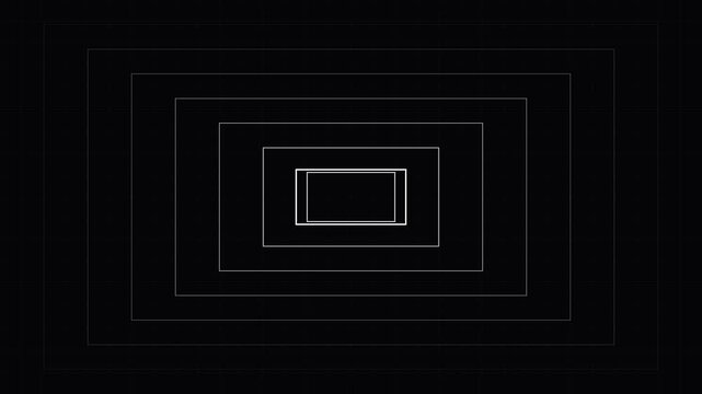 Minimalist abstract tunnel animation with pulsing 4k white rectangles on black background, for modern motion, and digital projects