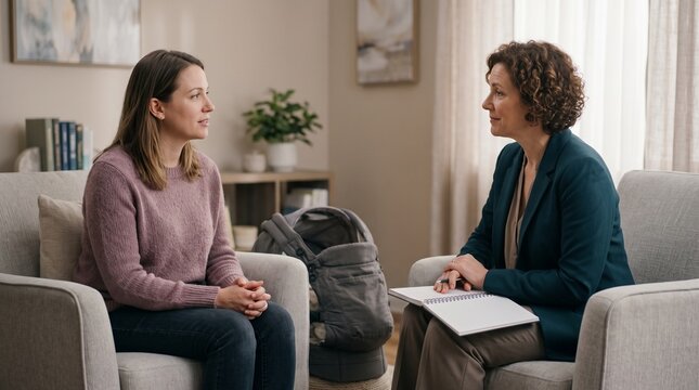 Mother talking to therapist, Counseling office with baby carrier, Blank notebook and calm seating, Postpartum mental health support, Professional care