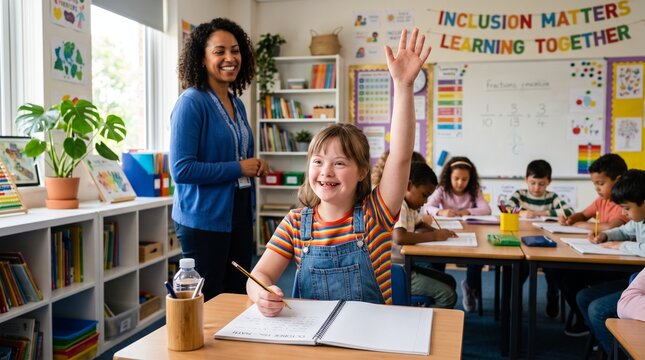 Diverse elementary school classroom with teacher and students learning together with inclusion matters banner