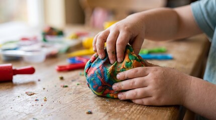Fototapeta na wymiar Close up of childs hands playing with colorful playdough on a wooden table with rolling pin and tools