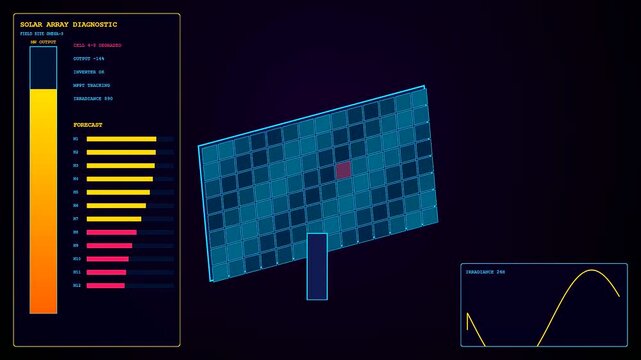 Predictive maintenance visualization showing digital solar panels with fluctuating data output graphs changing metrics on a dark screen interface for energy monitoring and grid management assessment