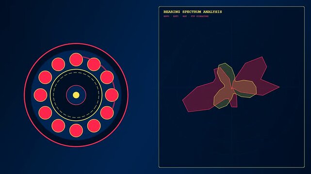 Digital predictive maintenance interface displays rolling bearing rotation patterns as spinning radar circles and geometric graph analytics pulse in a rhythmic motion on a dark blue screen