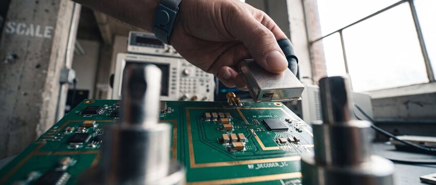 Engineer hand assembling circuit board placing metal shield on RF decoder PCB in laboratory for industrial hardware engineering prototyping development and precise micromanufacturing research concepts