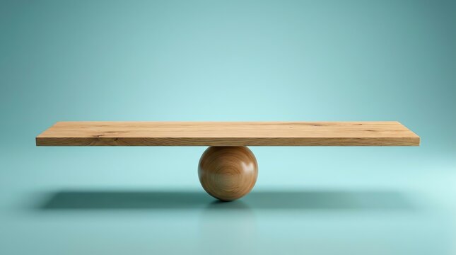 Conceptual Wooden Plank Balanced Perfectly on a Sphere Representing Equilibrium and Stability