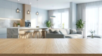 Fototapeta premium Empty Wooden Table Top with Blurred Modern Kitchen and Living Room Interior Background for Product Display Showcase.