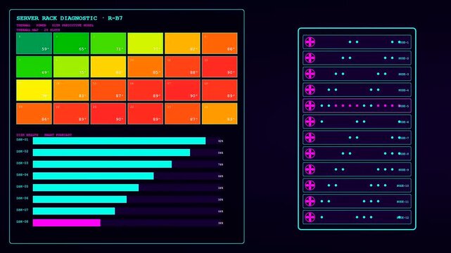 Predictive maintenance monitoring interface showing live server rack diagnostics with color coded thermal heat maps and digital status charts in a dark modern data control room